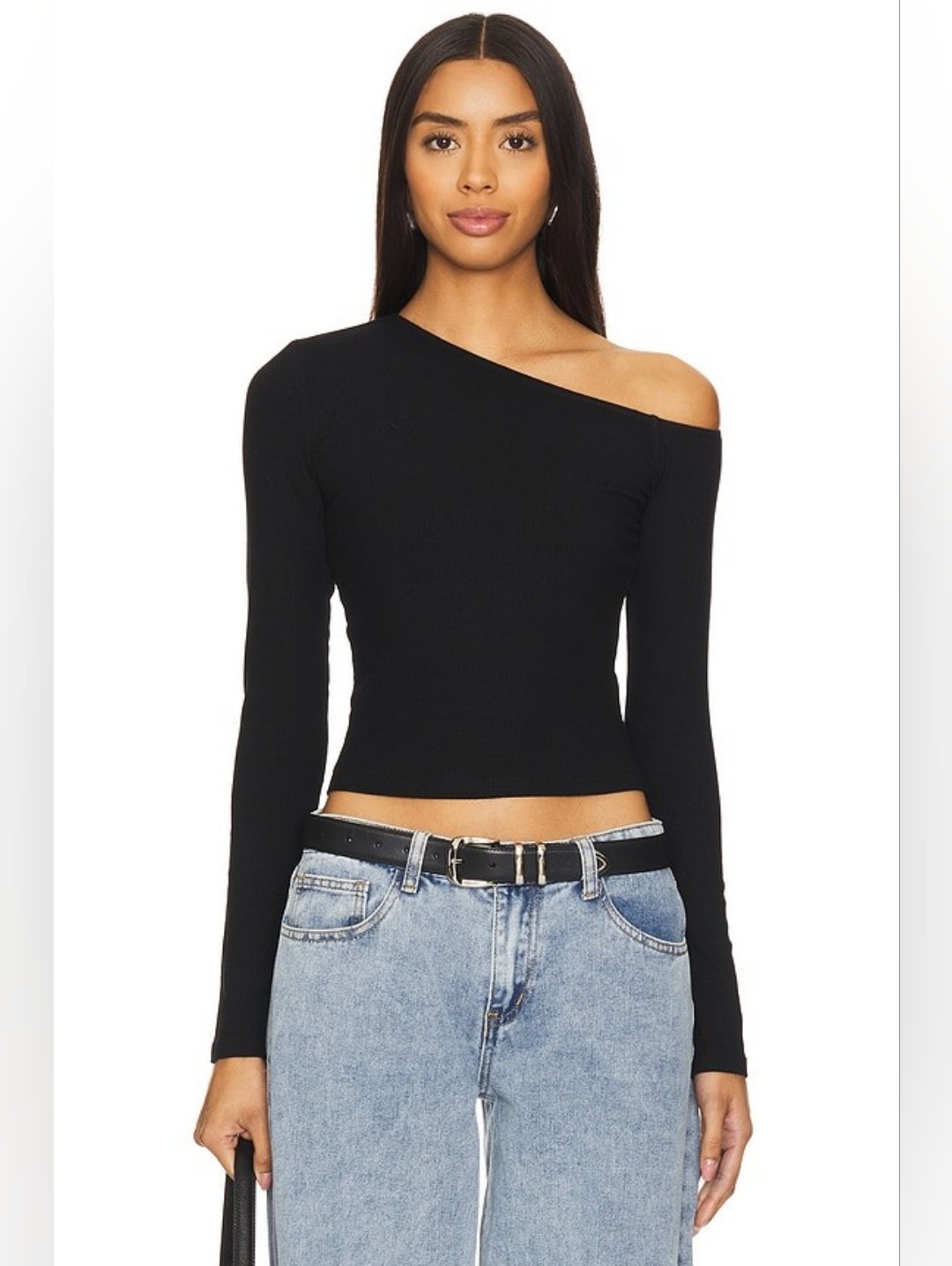 Super Down One-Shoulder Black Long-Sleeve Ribbed Top